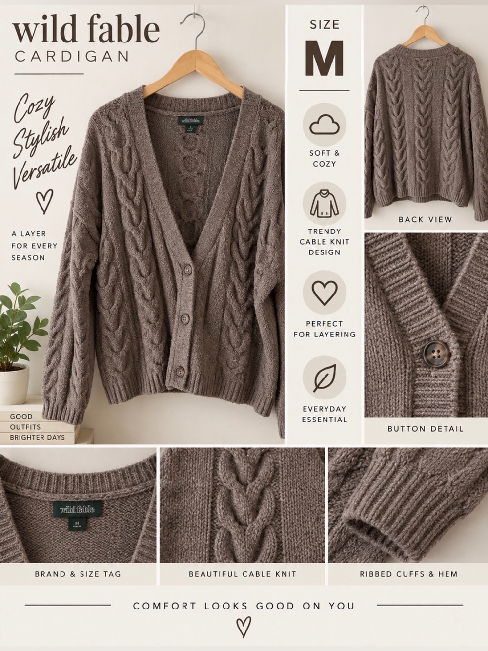 wild fable Cable Knit Cropped Cardigan - Taupe